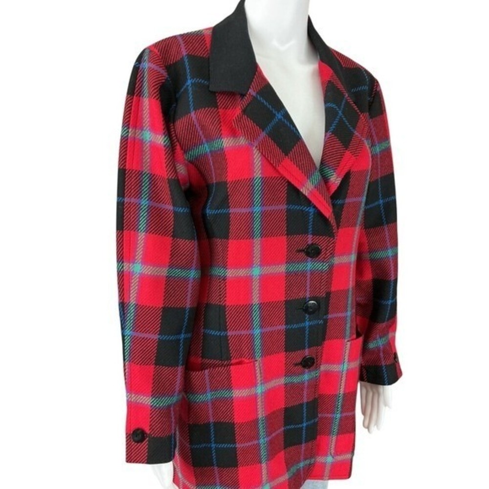 Escada Pea Coat Womens EU36 US4 Red Tartan Plaid Wool 90s Retro Vintage Designer